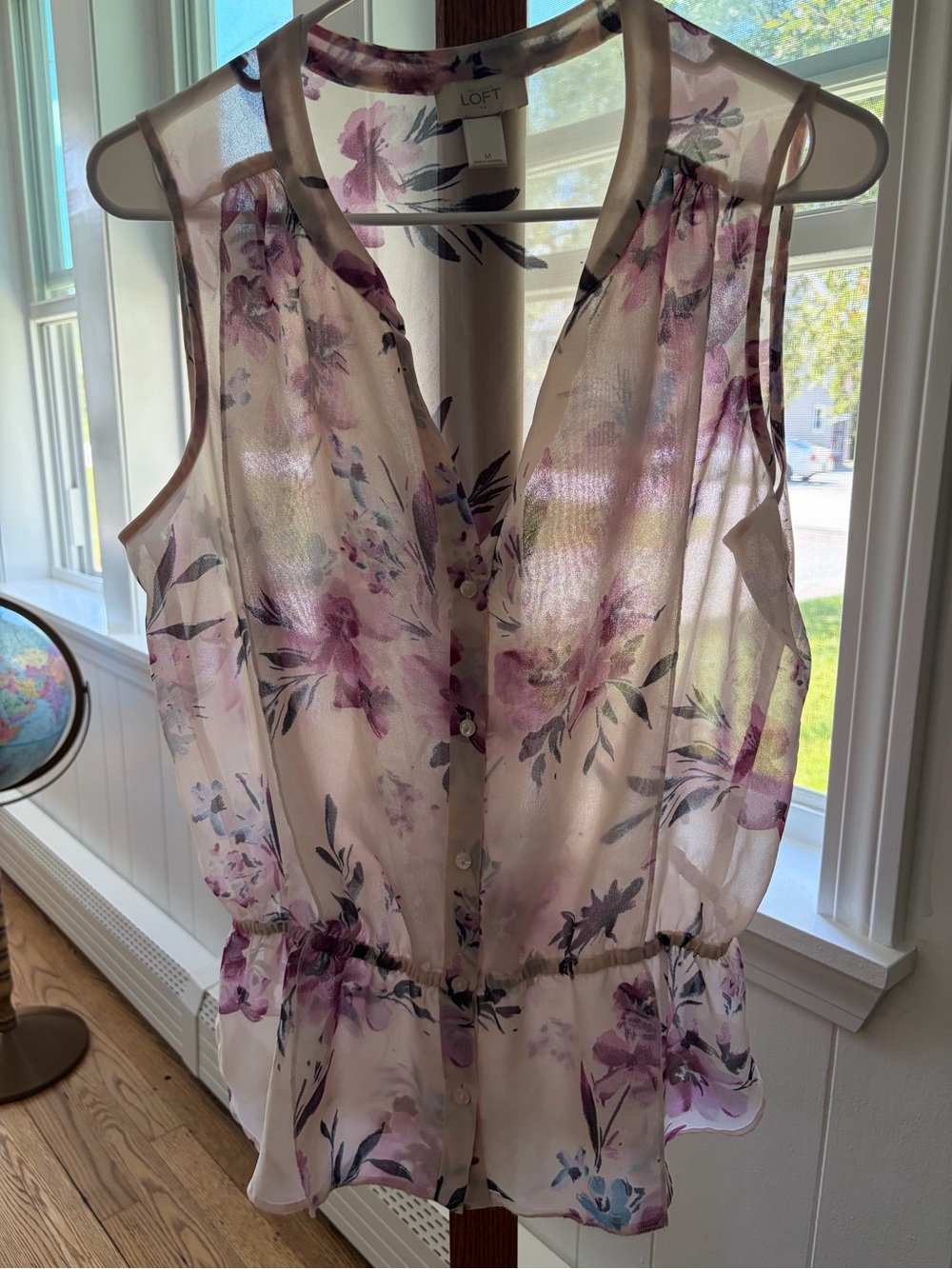 LOFT Pink and Lavender Floral Sheer Sleeveless Button Front Top - Medium